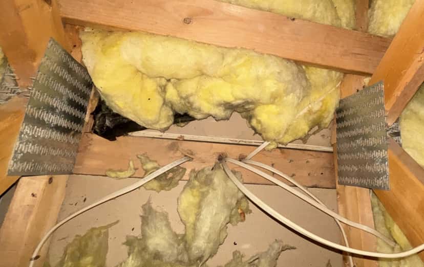 Open gaps around electrical wires at the top of a wall in the attic, with fiberglass insulation pulled back